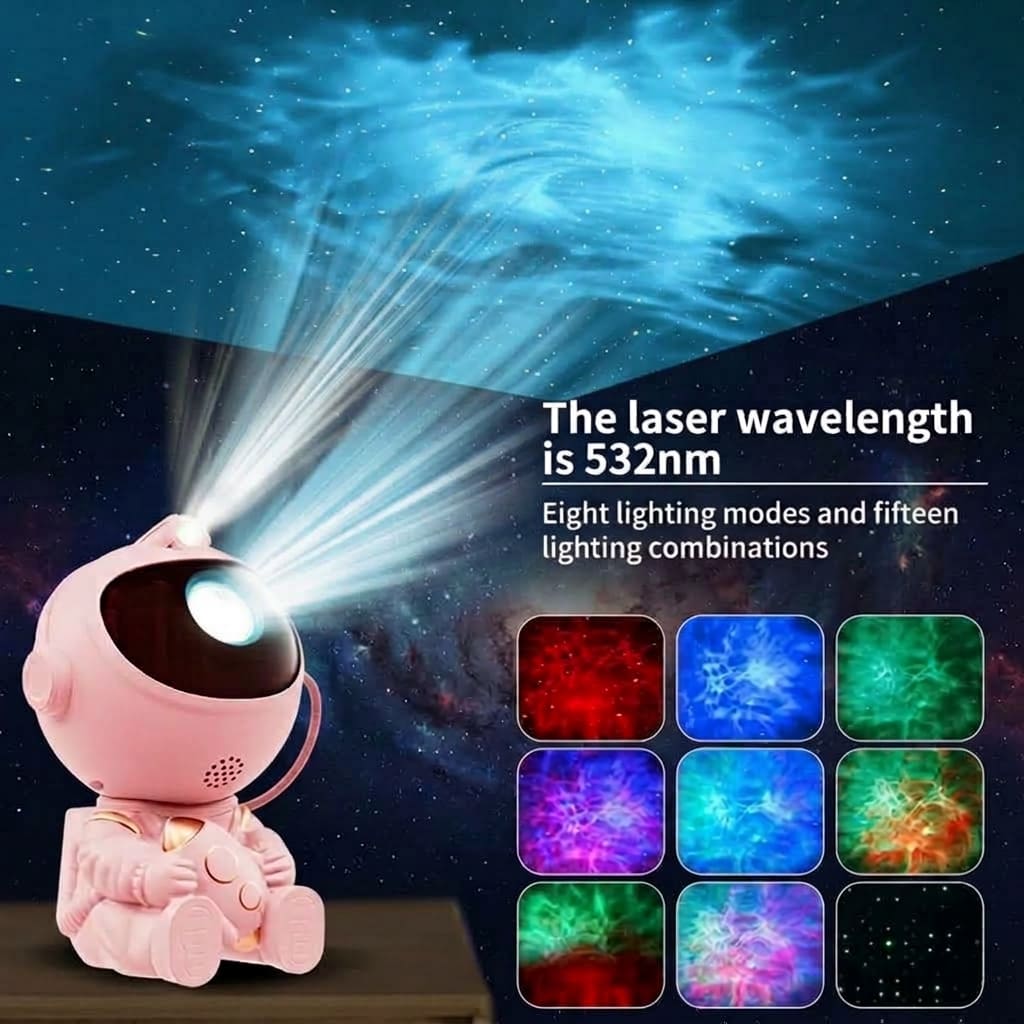 astronaut star projector lighting up dark room ceiling with nebula
