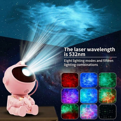astronaut star projector lighting up dark room ceiling with nebula