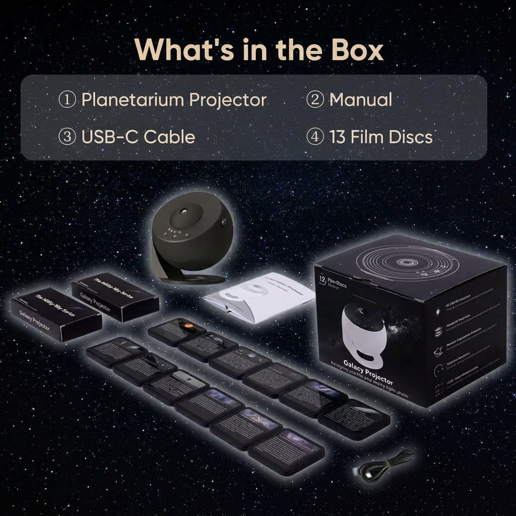 A product box set for the Cosmos Planetarium Galaxy Projector displayed on a starry space background with the text 'What's in the Box'. The set includes the black planetarium projector, its retail box, a USB-C cable, a manual, and 13 projector discs.