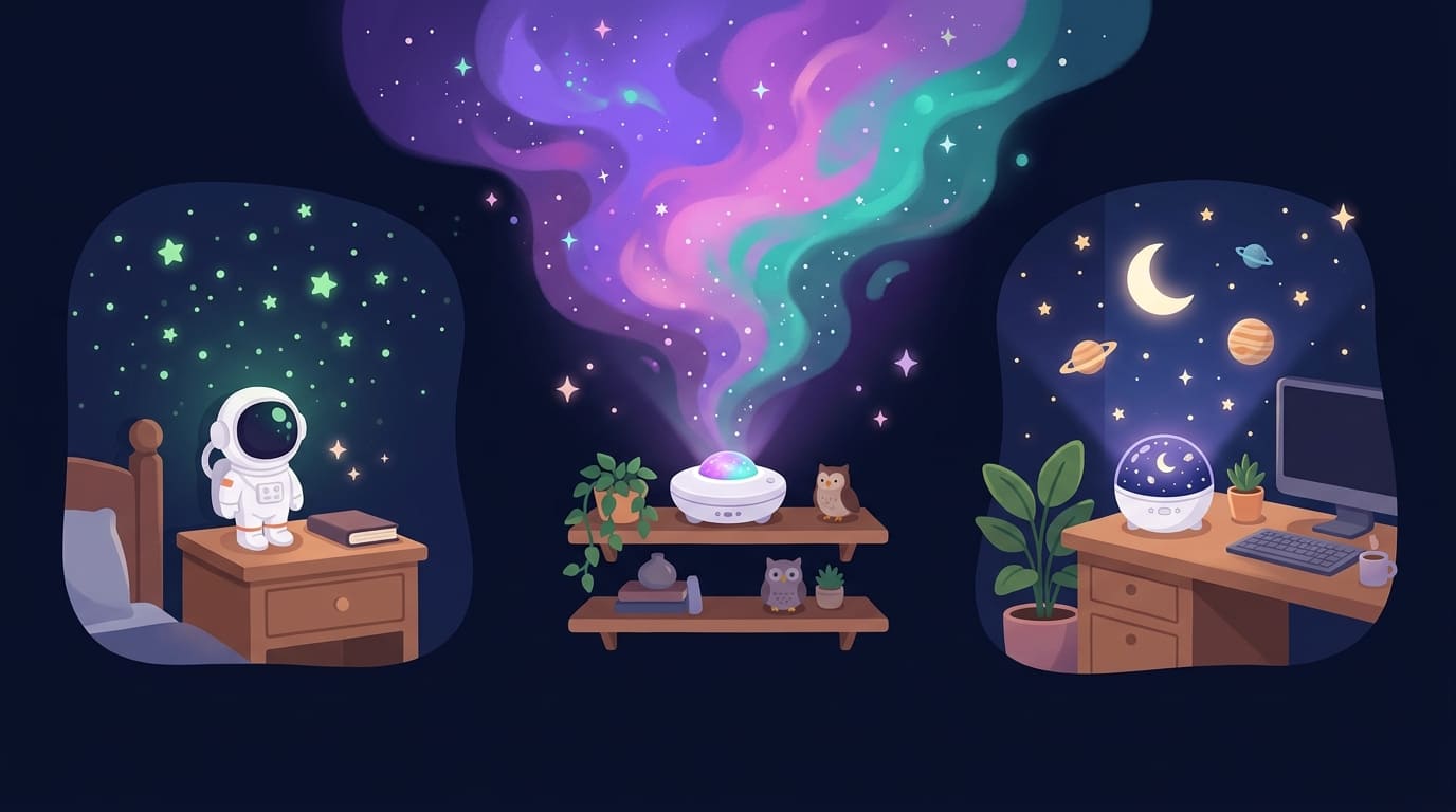 A stylized illustration of three cosy bedroom scenes under a starry night sky, with a different galaxy projector in each one.
