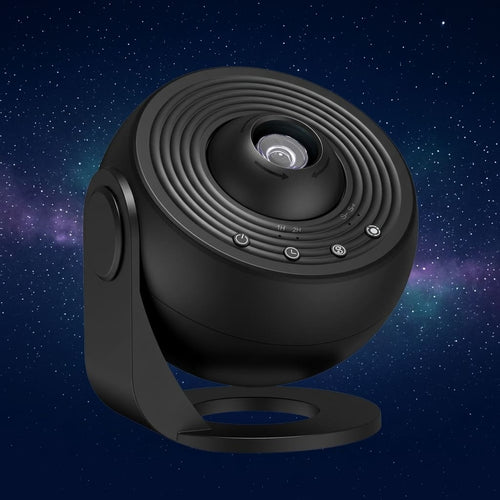 The black Cosmos Planetarium Galaxy Projector, shown against a starry space background.