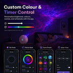halo star projector lighting a bedroom ceiling with purple nebula, plus app screens for colour, scenes and timer