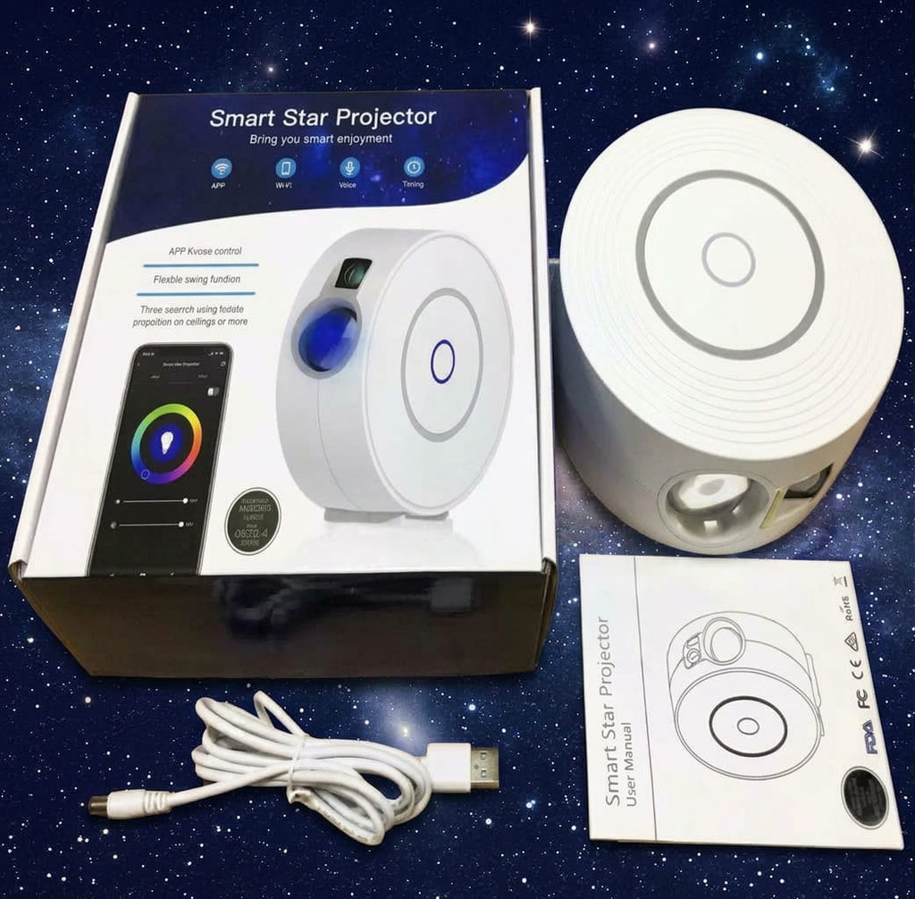 The white halo star projector shown next to its retail box, user manual and USB power cable on starry background