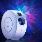 White disc-shaped Halo Star Projector in front of a glowing pink, blue and teal nebula with green stars