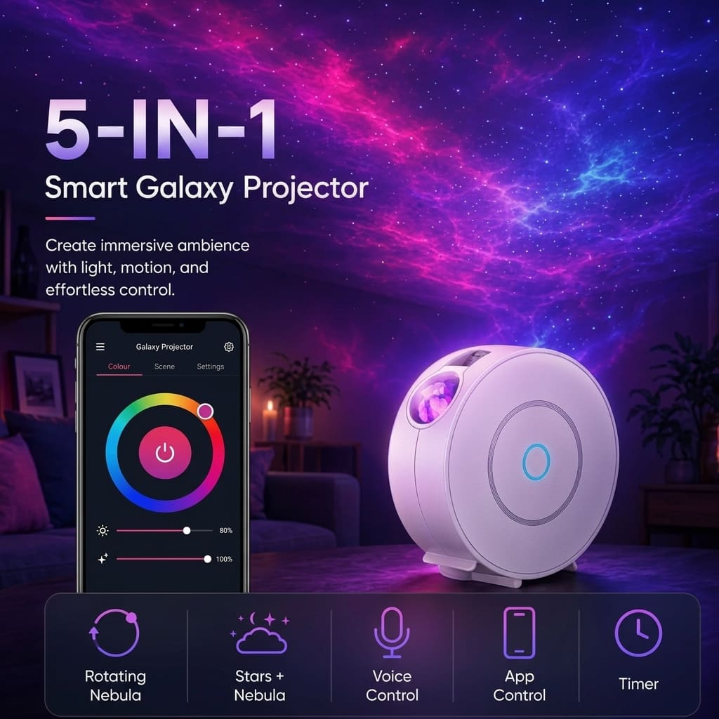 halo star projector in a living room casting pink and purple nebula, beside a phone showing controls and above icons showing features
